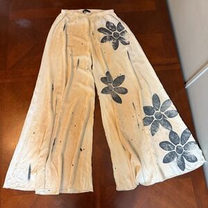 T Party USA Women's Wide‎ Leg Boho Lounge Pants Cream Black Floral Print  NWT L